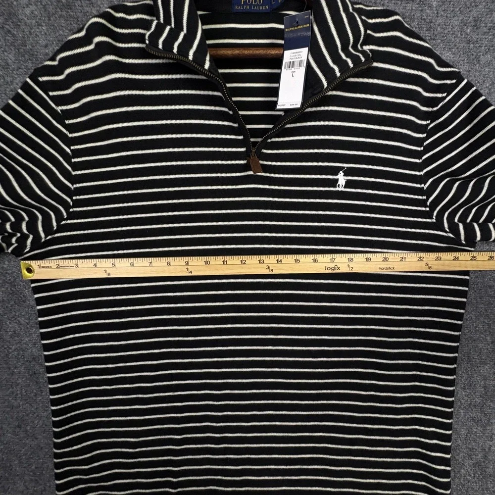 Polo Ralph Lauren Quarter Zip Mens L Black White Striped Pony Logo Pullover NEW